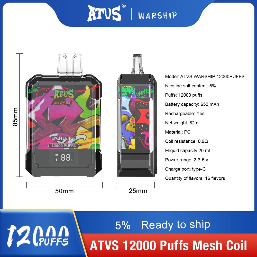DE013A Wegwerp Vape 12000 Puffs met LED-scherm en instelbare luchtstroom ATVS Vape Disposable E-sigaret