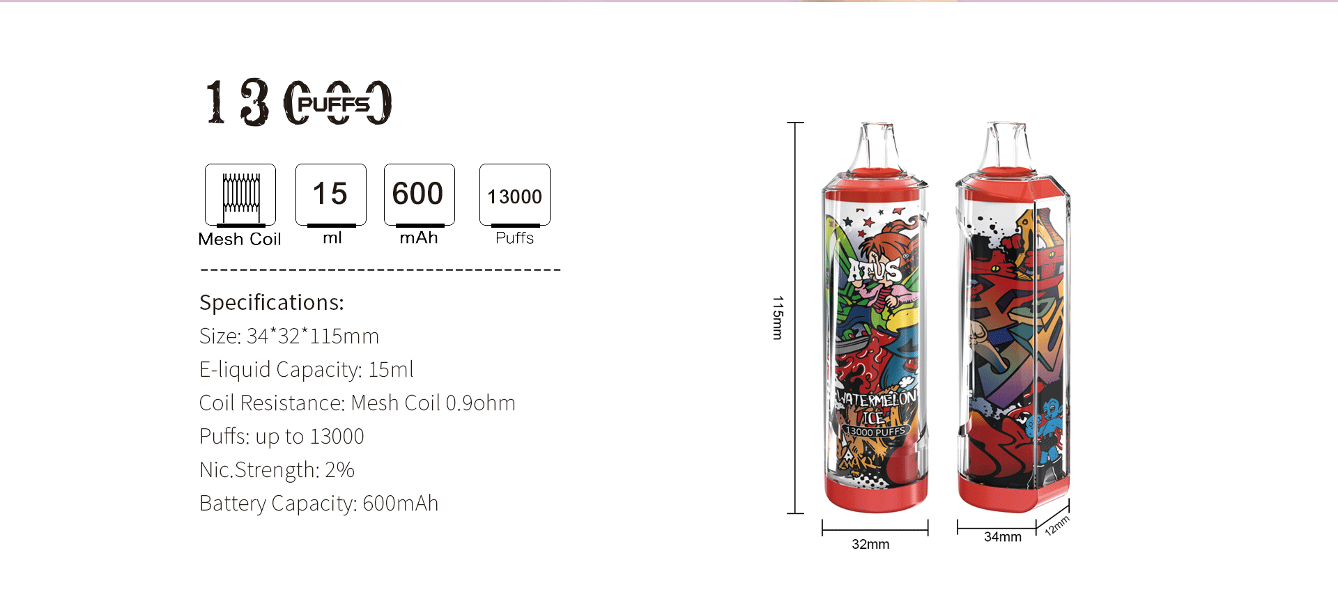 DE018 Wegwerp Vape 13000 Puffs ATVS Vape Wegwerp E-sigaret
