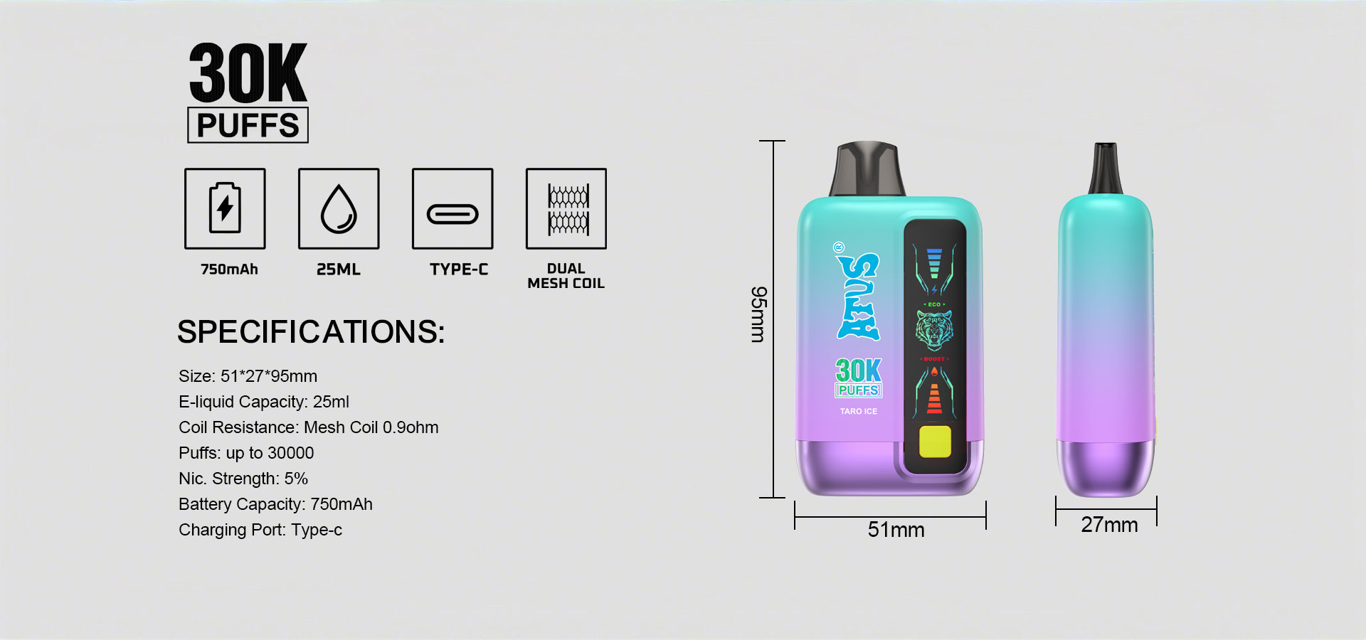 DE026 30000 Puffs Disposable Vape met LED scherm en instelbare luchtstroom