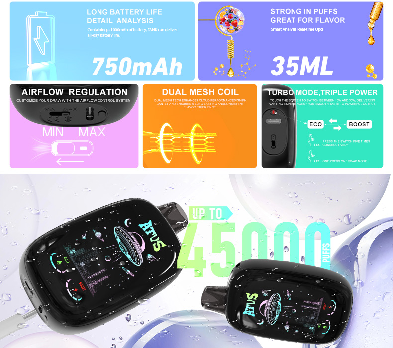 DE027 Wegwerp Vape 45000 Puffs met volledig scherm oplaadbaar en instelbare luchtstroom